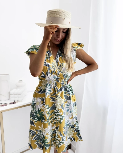 Rochie mini de damă muștar cu imprimeu floral - Îmbrăcăminte
