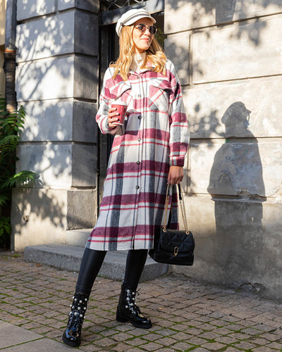 Jachetă de damă cu carouri maro peste genunchi - Îmbrăcăminte