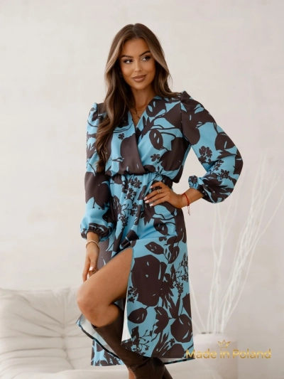 Rochie Afrodyta Blu Oceano – albastru midi, mâneci lungi, stil clasic
