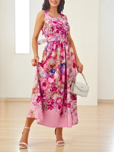 Rochie midi Royalfashion pentru femei cu bretele, având un cordon în diverse motive florale