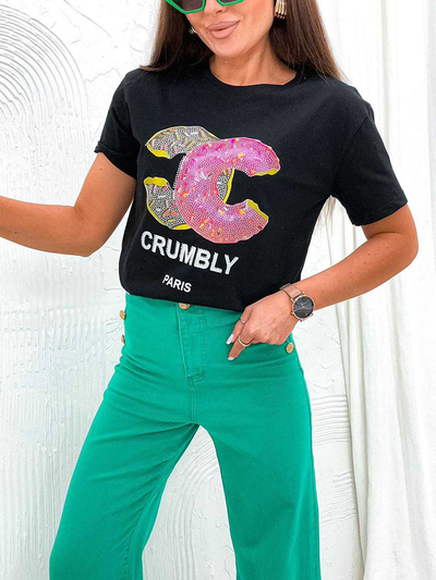 Royalfashion Tricou pentru femei cu imprimeu și zirconii