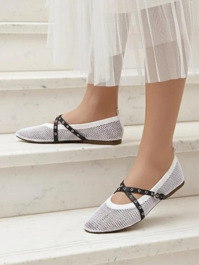 Balerini Royalfashion Calista Bianca – pantofi de damă albi tip plasă cu barete negre
