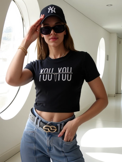 Royalfashion Top Cropped din Bumbac pentru Femei cu inscripția