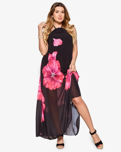 Rochie midi de damă neagră cu flori fucsia- Îmbrăcăminte