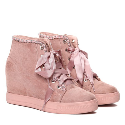 Różowe sneakersy na krytym koturnie wiązane wstążką Isabela- Obuwie