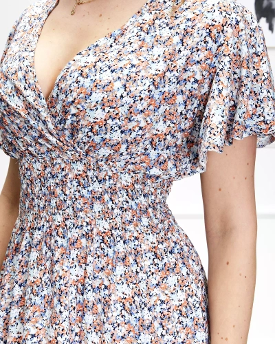 Rochie midi florală de damă, în albastru și portocaliu - Îmbrăcăminte