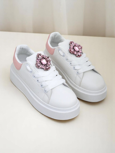 Sneakers de damă Hypatia Bianco din piele ecologică cu ornament și accent roz