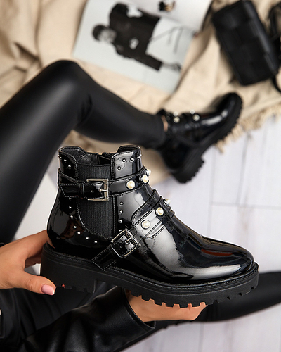 Cizme de dama lacuite negre cu perle Visos - Incaltaminte