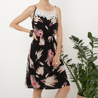 Rochie scurtă de culoare neagră pentru femei, cu imprimeu vegetal roșu - Îmbrăcăminte