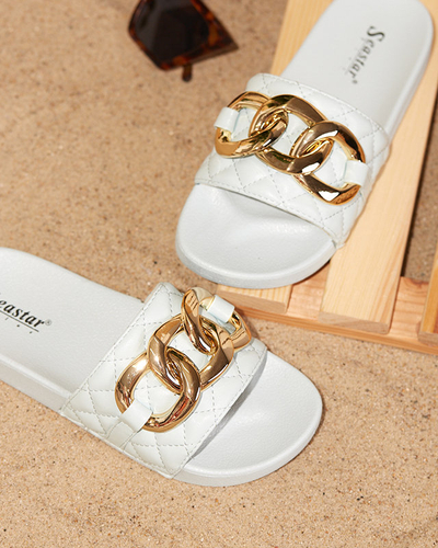 OUTLET Papuci de dama albastri matlasati cu lant auriu Eteris - Incaltaminte