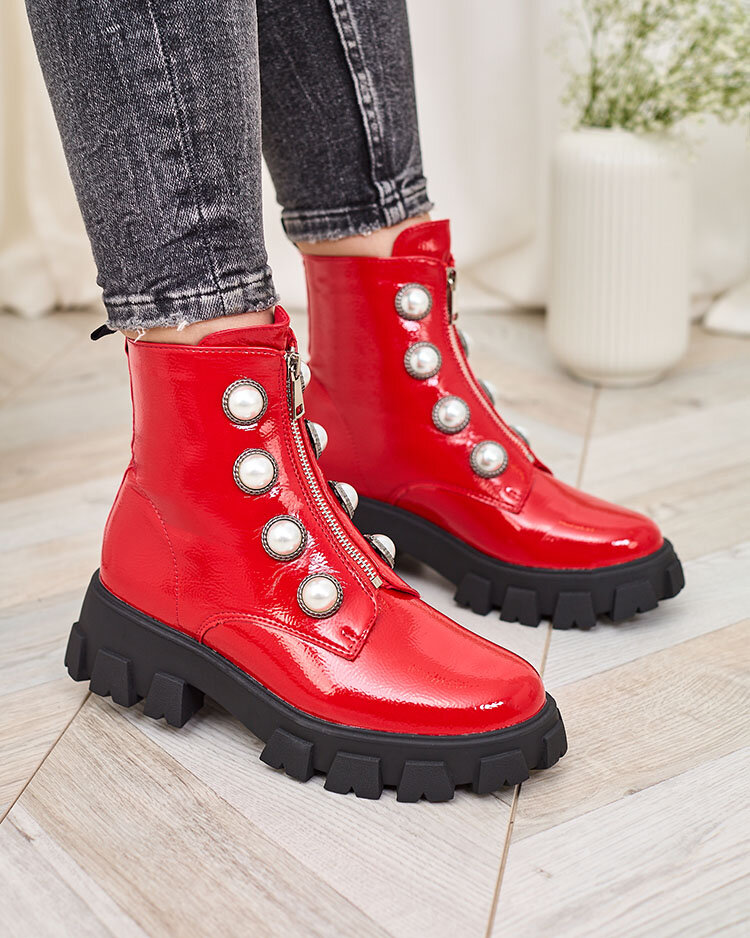 Royalfashion Cizme roșii lăcuite pentru femei cu perle Asiciu