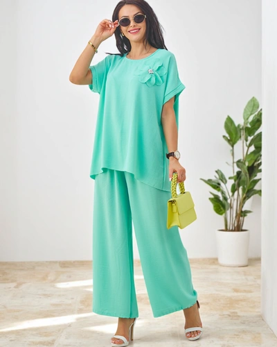 Set Royalfashion pentru femei cu mâneci scurte, floare decorativă și pantaloni largi