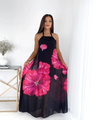 Rochie midi de damă neagră cu flori fucsia- Îmbrăcăminte