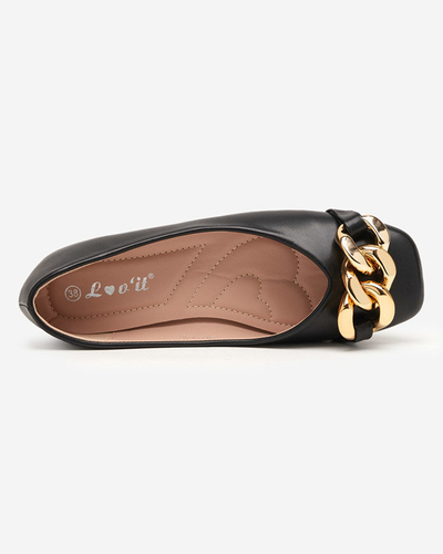 Balerini de dama neagra din piele ecologica cu decor gassi auriu - pantofi