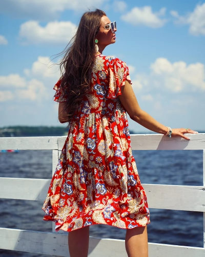 Royalfashion Rochie roșie pentru femei cu model floral colorat