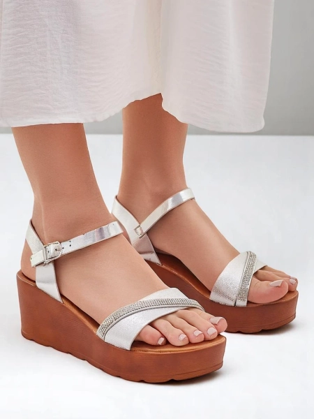 Sandale cu toc wedge pentru femei Royalfashion cu strasuri și sclipici Aurora Glow