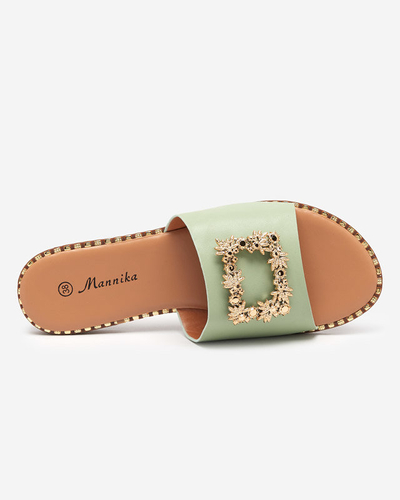 Papuci de dama eleganti verzi cu ornament auriu Meriso - Incaltaminte
