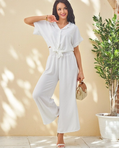 Royalfashion Set de damă cu cămașă scurtă cu mâneci legate și pantaloni evazați cu strasuri