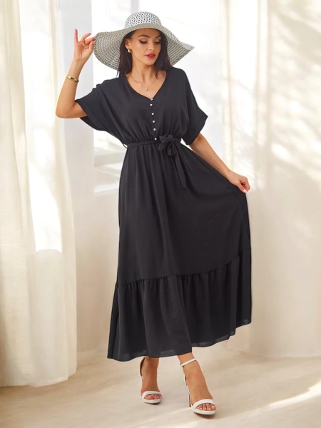 Royalfashion Rochie midi pentru femei cu mâneci scurte și butoane decorative