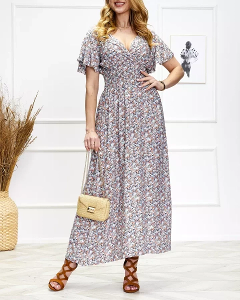 Rochie midi florală de damă, în albastru și portocaliu - Îmbrăcăminte