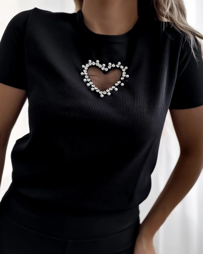 Royalfashion Set sport negru pentru femei cu inimioare