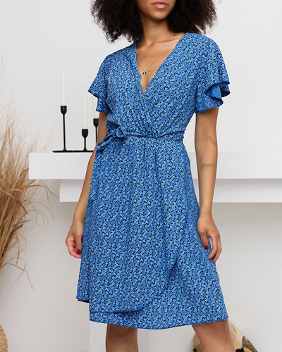 Rochie damă evazată cu flori albastru închis - Îmbrăcăminte