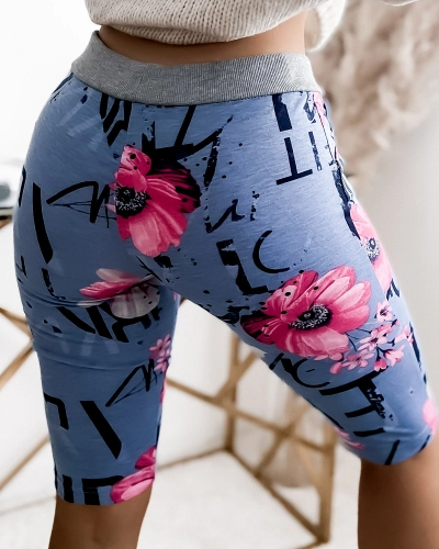 Pantaloni scurți de damă 3/4 albaștri și roz cu imprimeu PLUS SIZE - Îmbrăcăminte