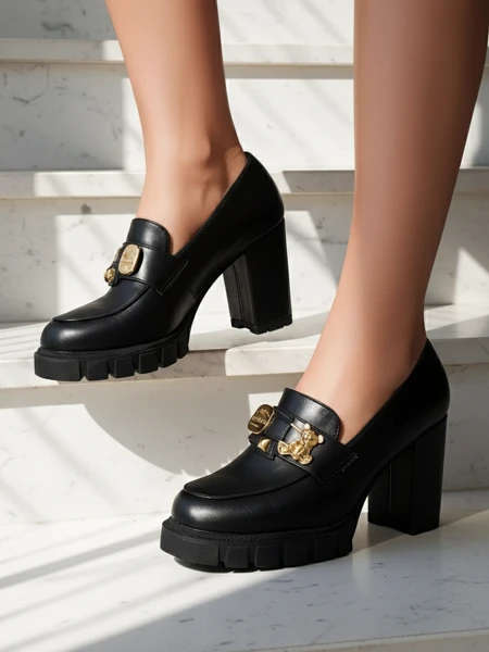 Sandale de Damă Atena cu Toc Gros din Piele Ecologică de Culoare Neagră