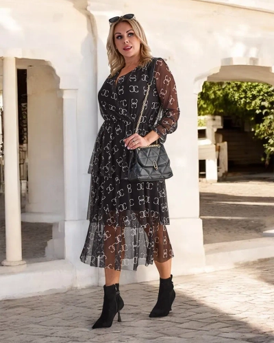 Royalfashion Rochie midi neagră din plasă cu imprimeu