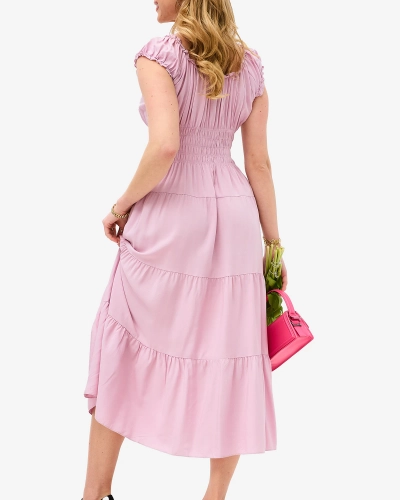 Rochie de damă lungă fără bretele mov, cu nasturi decorativi- Îmbrăcăminte