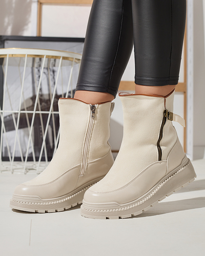 Cizme cu toc plat de damă crem Mefina- Footwear