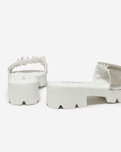 OUTLET Papuci albi de dama cu zirconii cubi Emkoy- Incaltaminte
