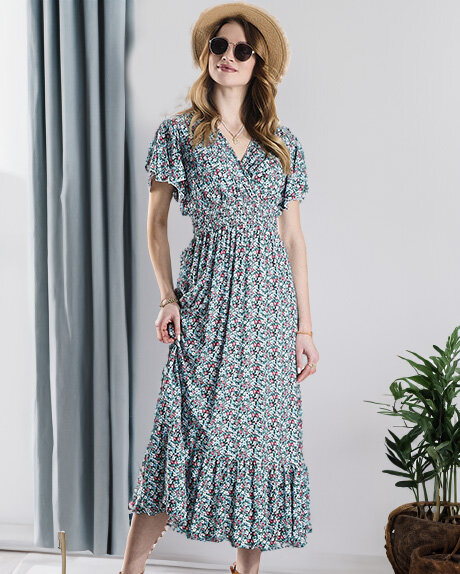Rochie midi florală de damă, de culoare albastră- Îmbrăcăminte