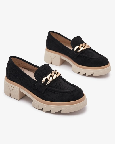 Mocasini din piele ecologică cu ornament auriu, negri Zaffix- Footwear