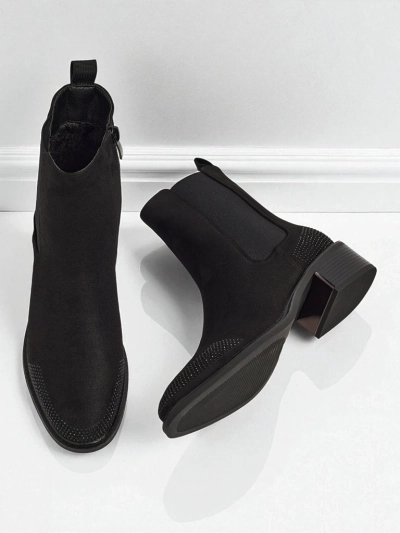 Botine de damă din piele ecologică întoarsă, decorate cu zirconii TangleMist
