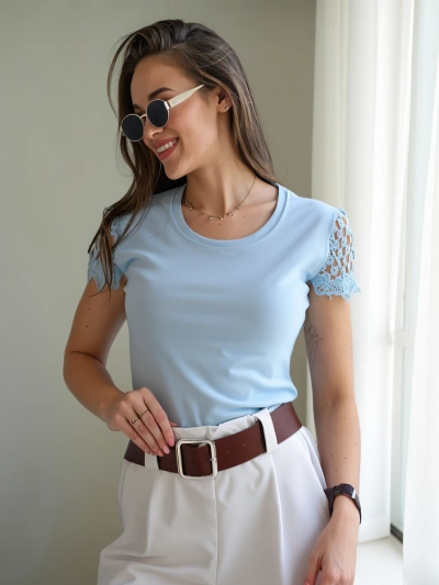 Tricou din bumbac pentru femei Royalfashion cu mâneci din dantelă