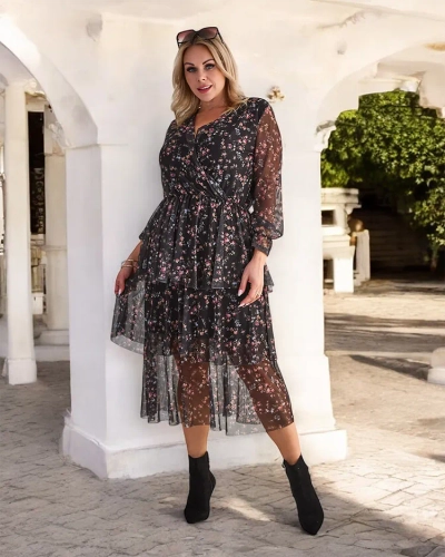 Royalfashion Rochie midi din plasă neagră și roz cu imprimeu