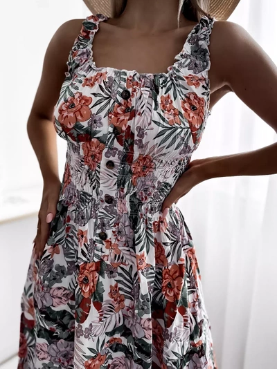 Rochie albă de damă până la genunchi cu motiv floral- Îmbrăcăminte