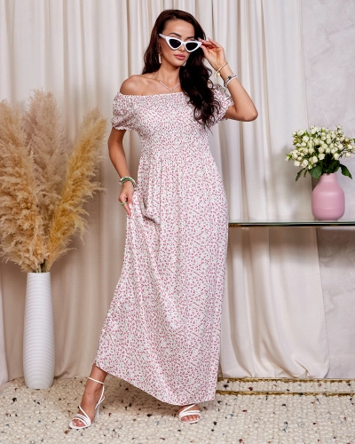 Rochie maxi pentru femei cu flori albe și roz a'la hiszpanka- Îmbrăcăminte