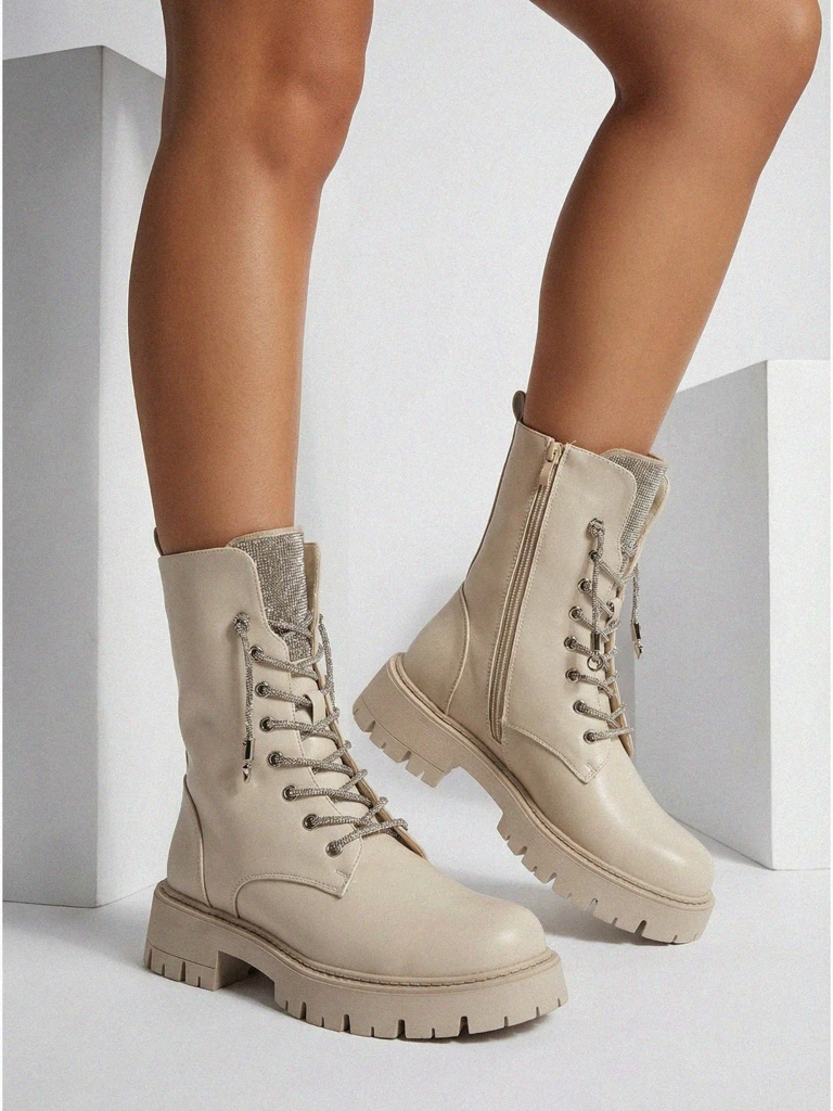 Botine de damă Farly din piele ecologică cu șireturi