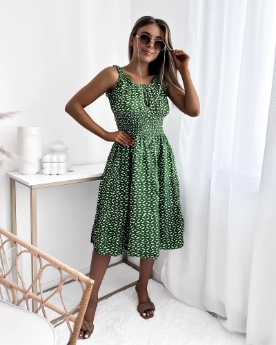 Rochie de damă până la genunchi cu imprimeu în verde închis- Îmbrăcăminte