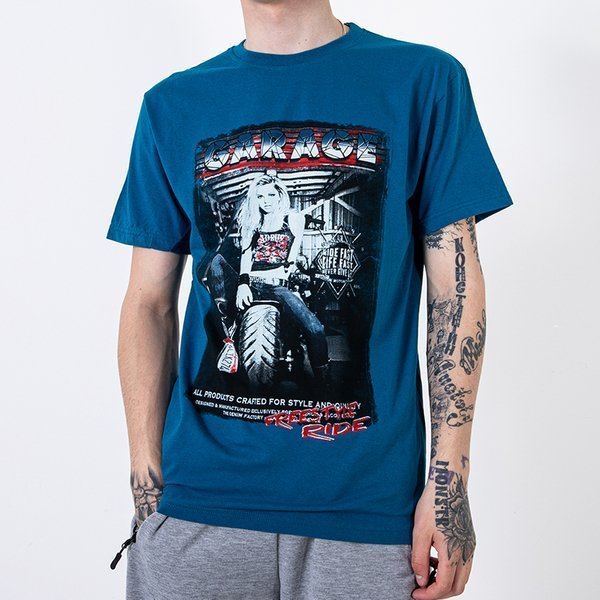 Tricou bărbătesc din bumbac turcoaz decorat cu imprimeul și inscripția - Îmbrăcăminte