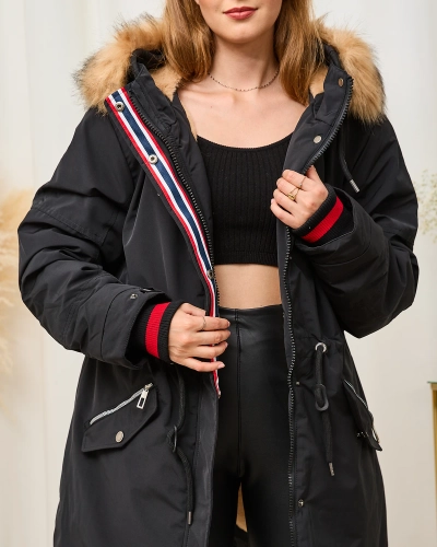 Jachetă neagră de iarnă pentru femei, cu talie elastică - Îmbrăcăminte