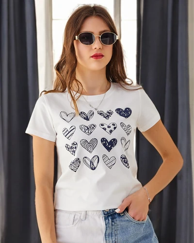 Royalfashion Tricou din bumbac pentru femei Cu multe inimi