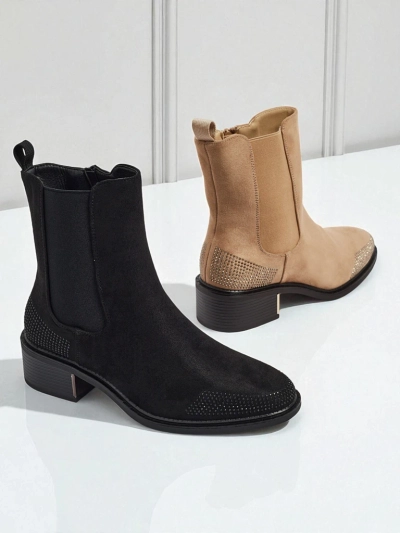 Botine de damă din piele ecologică întoarsă, decorate cu zirconii TangleMist