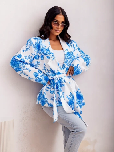 Royalfashion Set floral pentru femei cu blazer legat și fustă-pantaloni scurți