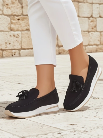 Mocasini de damă Aelia negri din piele ecologică intoarsă cu platformă de 4 cm