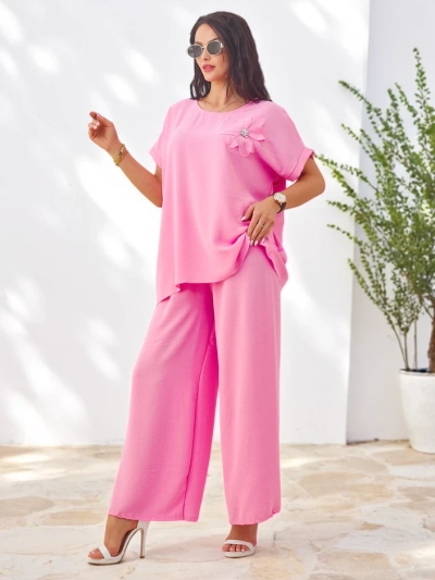 Royalfashion Set pentru femei cu mâneci scurte, decorat cu floare și pantaloni largi