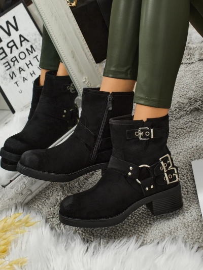 Botine de damă din piele ecologică întoarsă cu catarame Valtos