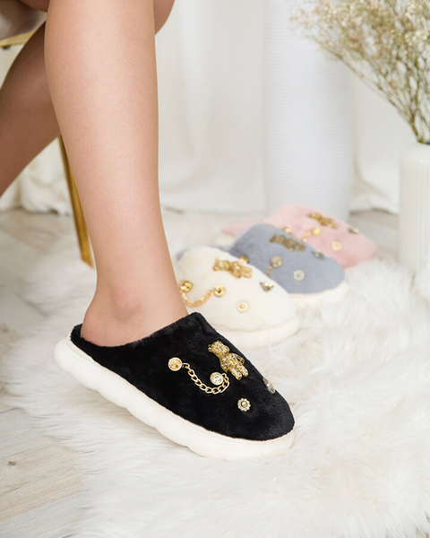 Royalfashion Papuci de blană negri pentru femei cu ornamente Erserra